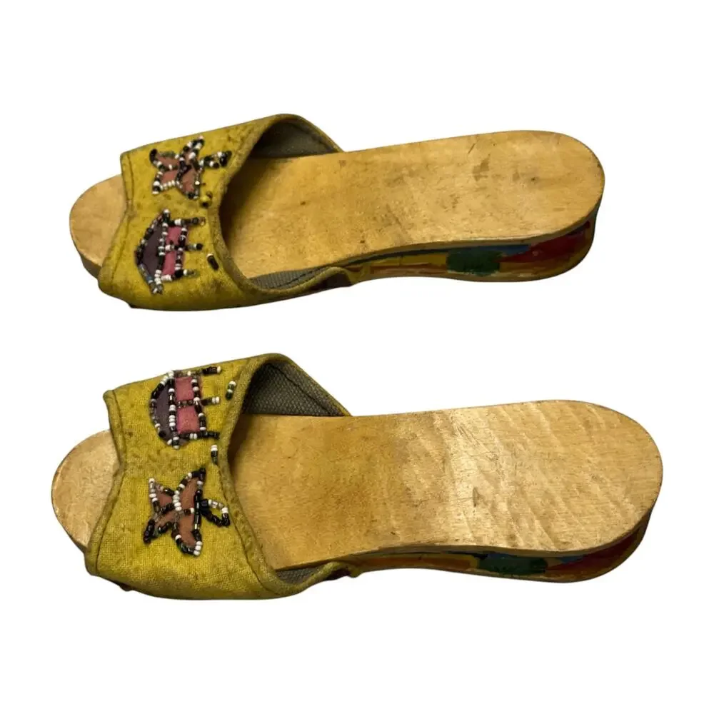 Vintage Wooden Slide Mules Beaded Vamp Folk Art Painted Sole Size 6 - Picture 7 of 9